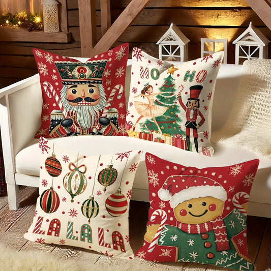 Christmas Magic: Festive Nutcracker, Gingerbread, and Ornament-Printed Pillowcases sofas, bedroom pillow covers, holiday gifts